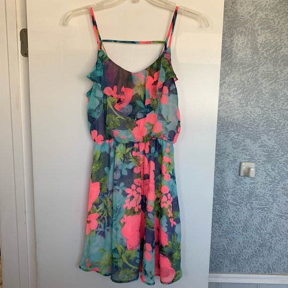 Lush Dresses & Skirts - LUSH Floral Chiffon Dress Blue Pink Floral Tropic
